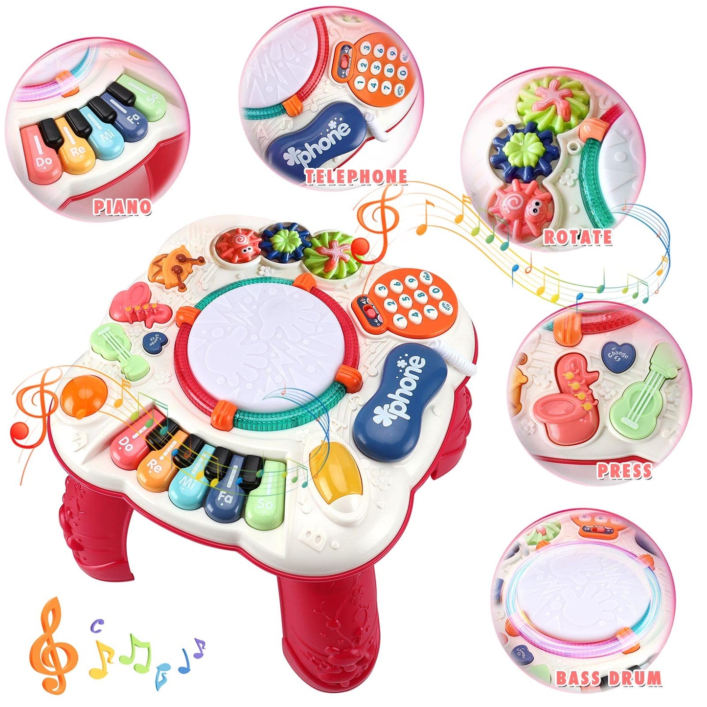 Baccow Baby Toys 6 To 12-18 Months, Musical Activity Table For 1 Year Old Boys Girls Gifts, Toddler Infant Toys, Length 12.99 Inches Width 12.99 Inches Height 12.6 Inches (33Cm W X 33Cm L X 32 Cm H)