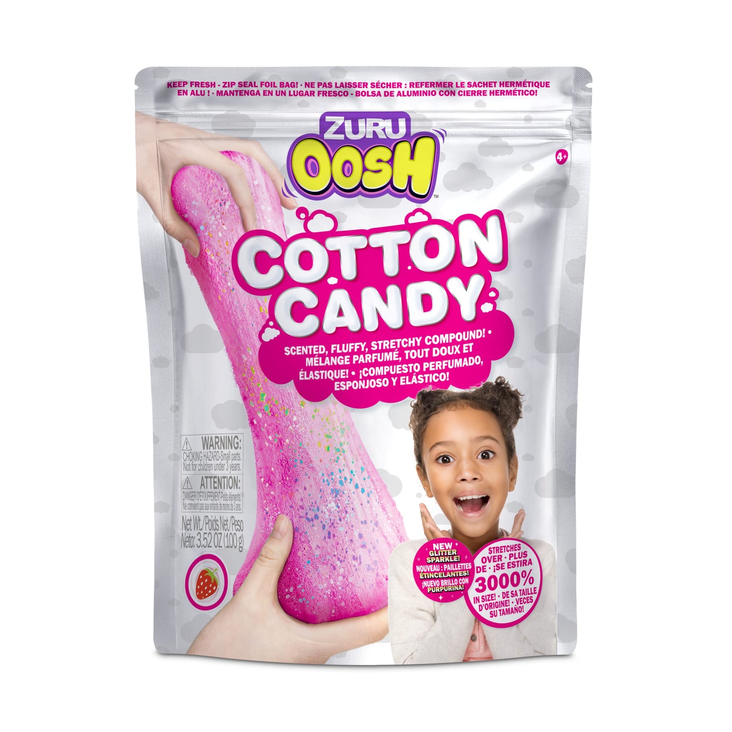 Oosh Cotton Candy Large Foil Bag 100G (Strawberry) By Zuru, Fluffy Slime, Stretch Slime, Grows 3000% In Size, Slime For Girls And Kids (Pink)