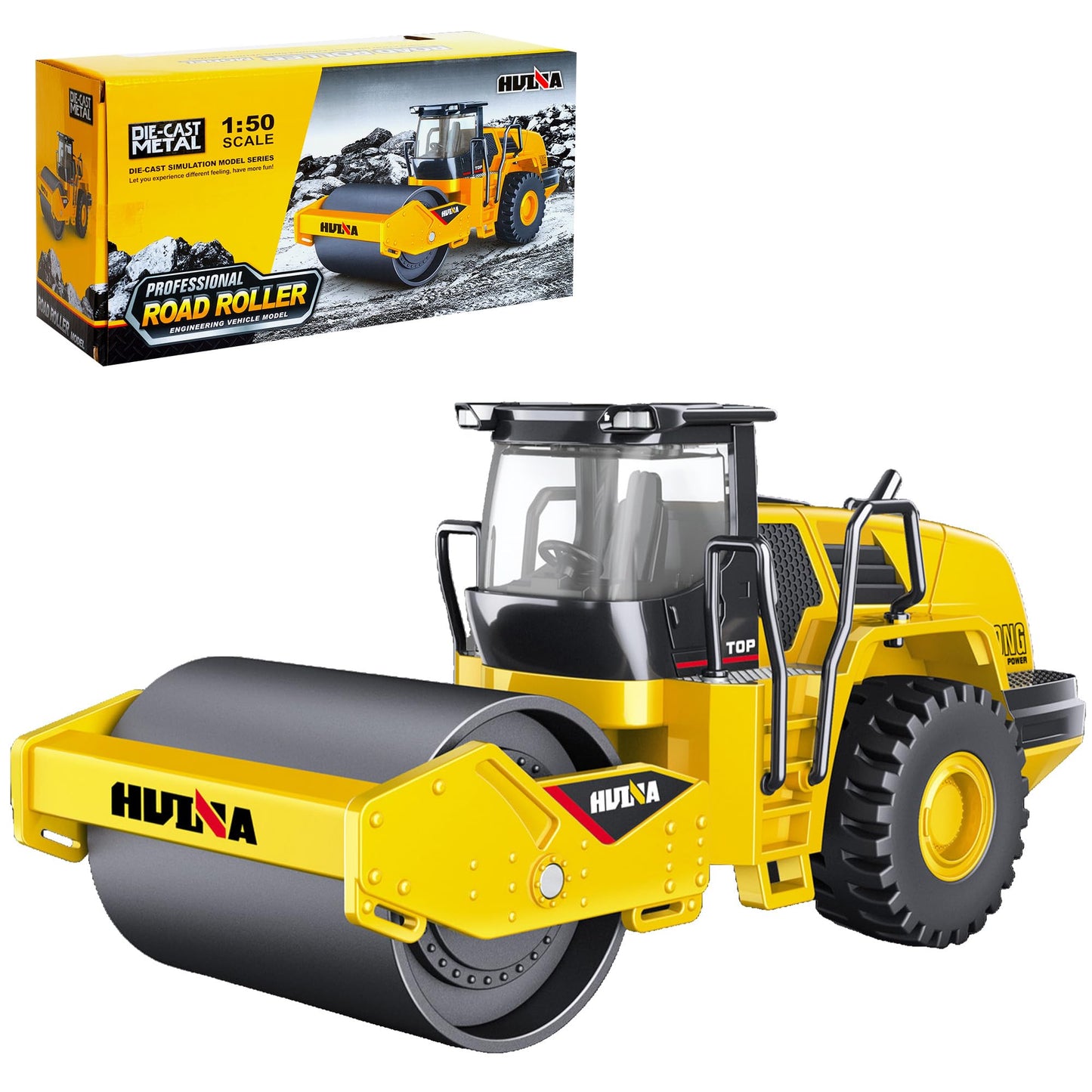 Qcar 1/50 Scale Metal Road Roller Toy, Metal Construction Vehicles Model Toy, Outdoor Sandbox Car Toys, Birthday Gift Toddler Bo