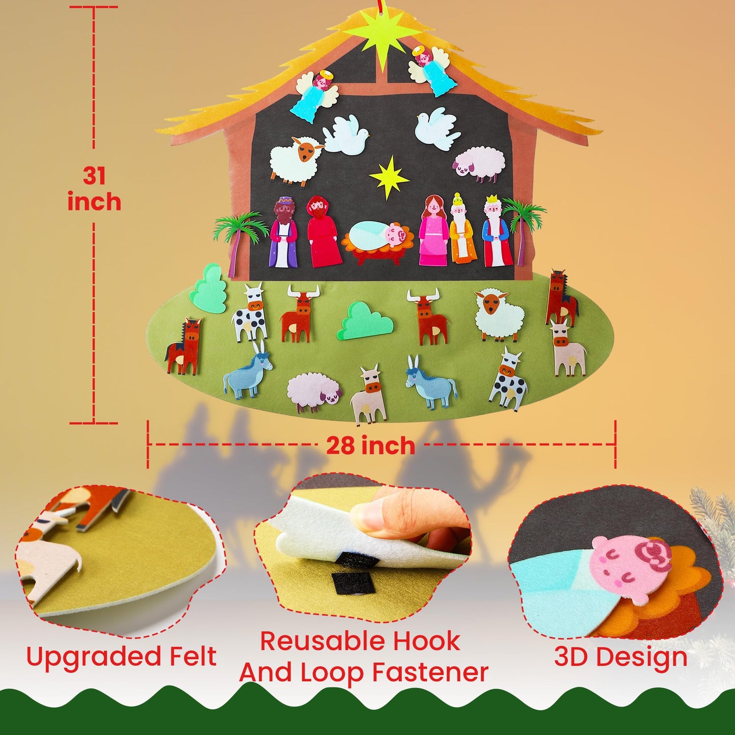 Enhon DIY Felt Christmas Tree Set with 29 Detachable Ornaments, Nativity Advent & Wall Hanging Decor