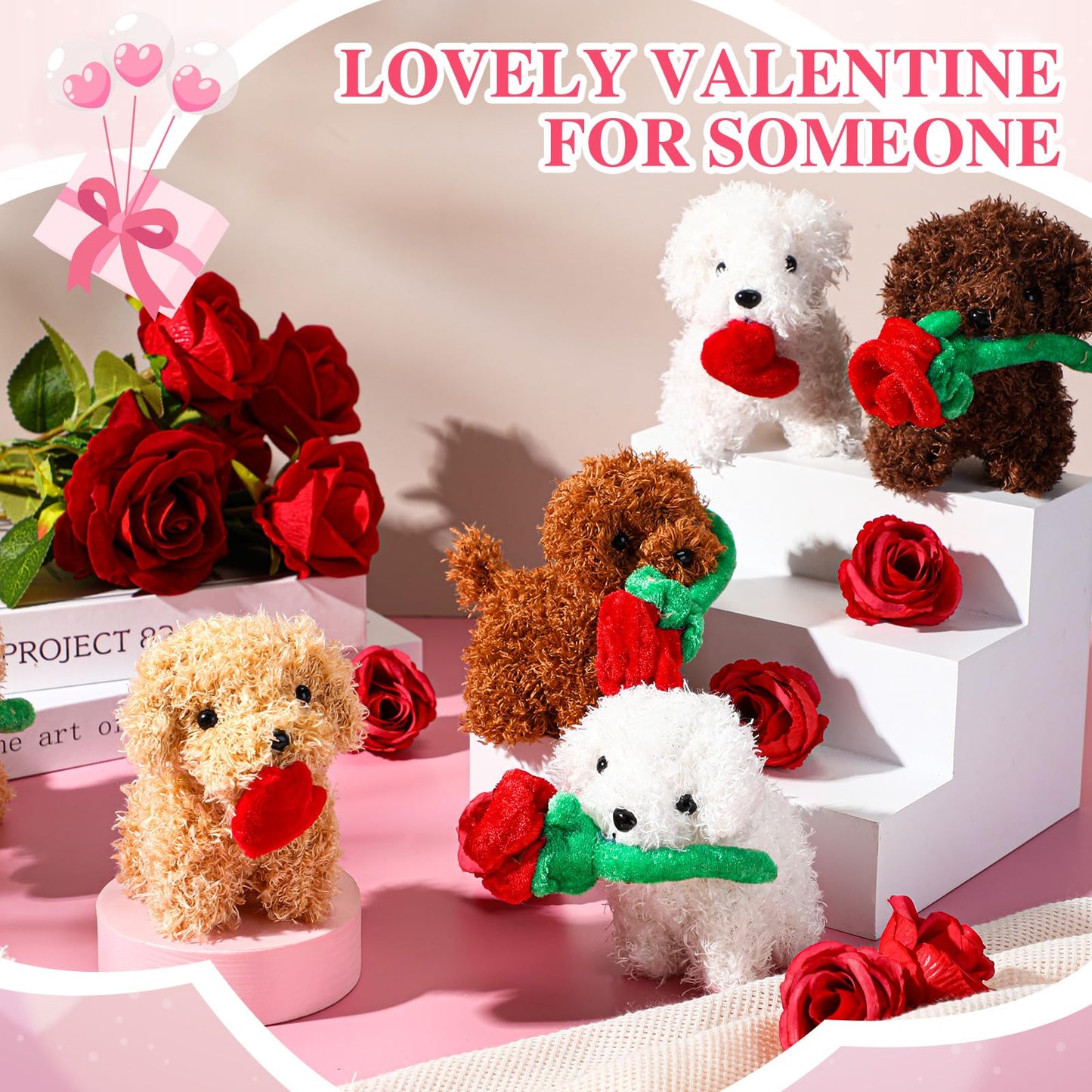Liliful 20 Pcs Valentine'S Day Plush Gift Dog With Rose Heart Animals Small Stuffed Plush Animals Bulk For Birthday Valentine Pa