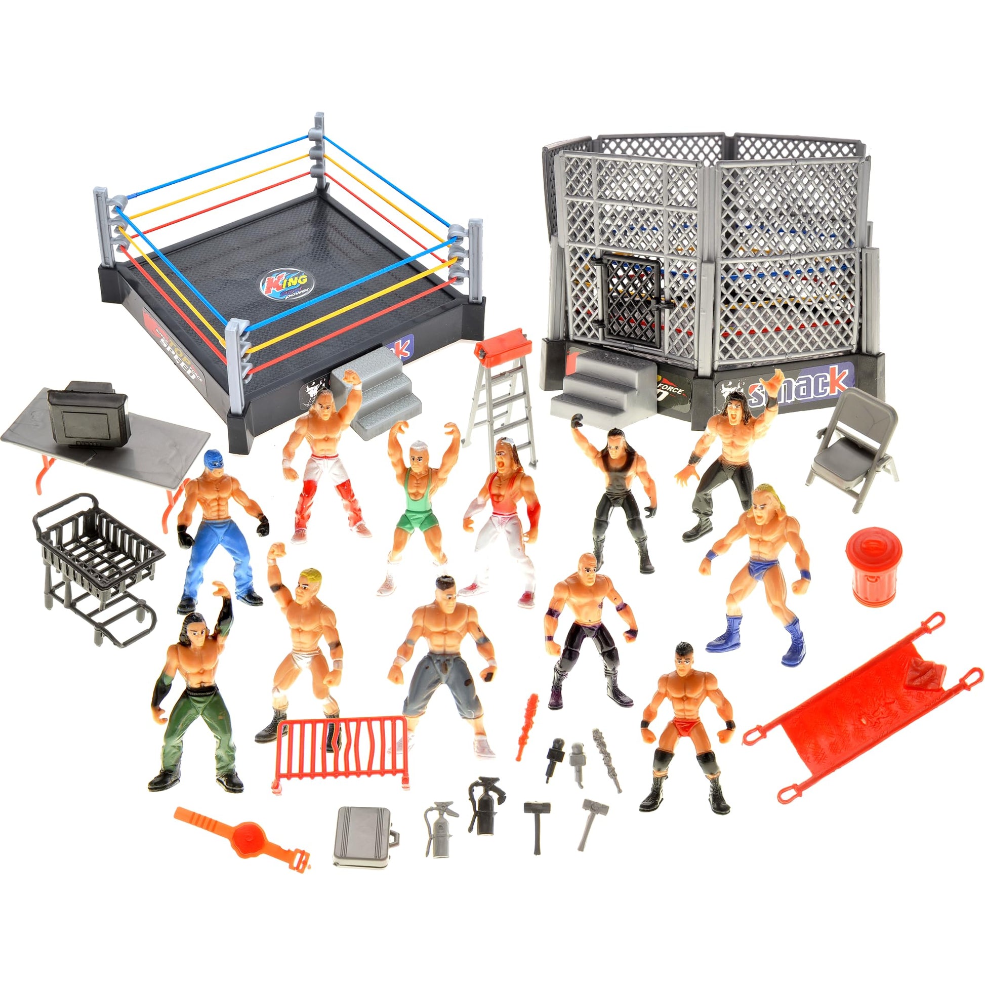 Powertrc 32 Pieces Wrestling Toys, Wrestler Play Set With 2 Wrestle Rings (Hexagon & Square), 12 Wrestlers, 18 Accessories, Toy Figures Cake Topper Birthday Party Decoration Gift Toy For Kids