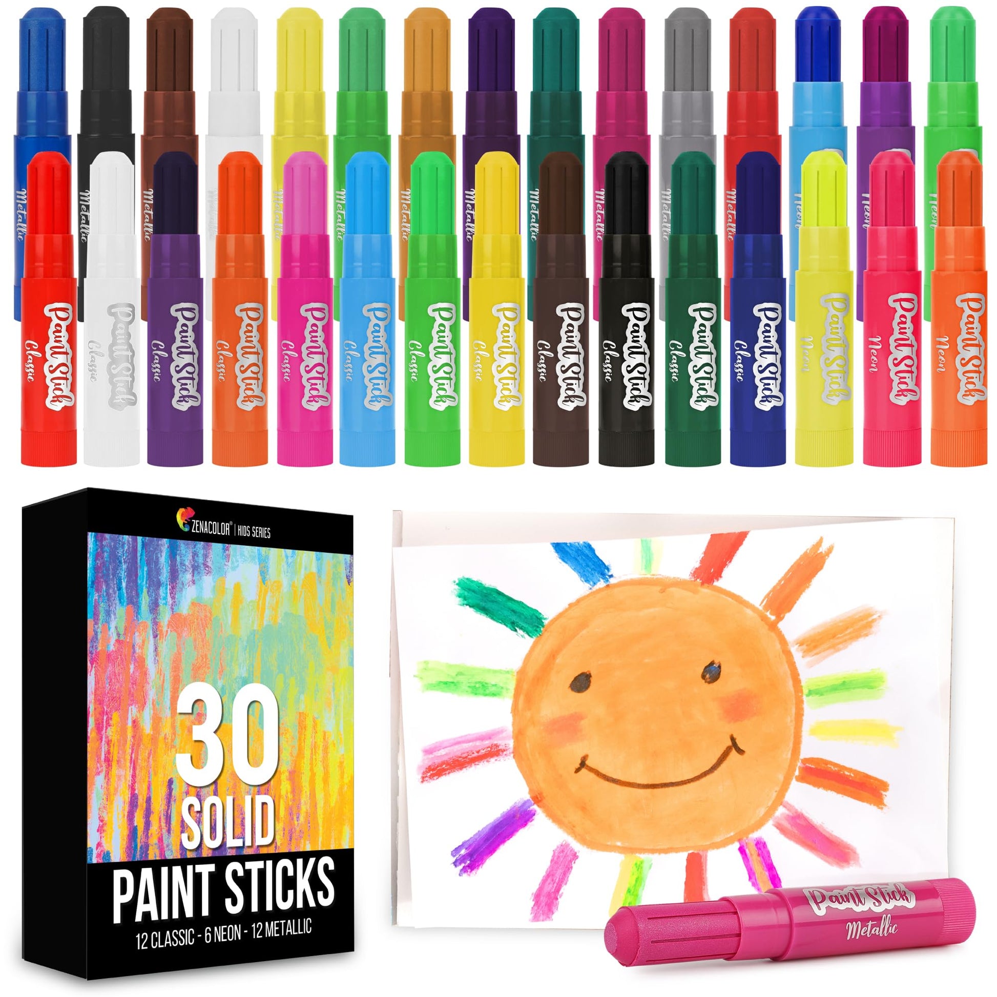 Tempera Paint for Kids and Toddlers - 30 Large Paint Sticks - Washable, Solid, Non Toxic, Mess free Paint Set - Arts and Crafts 