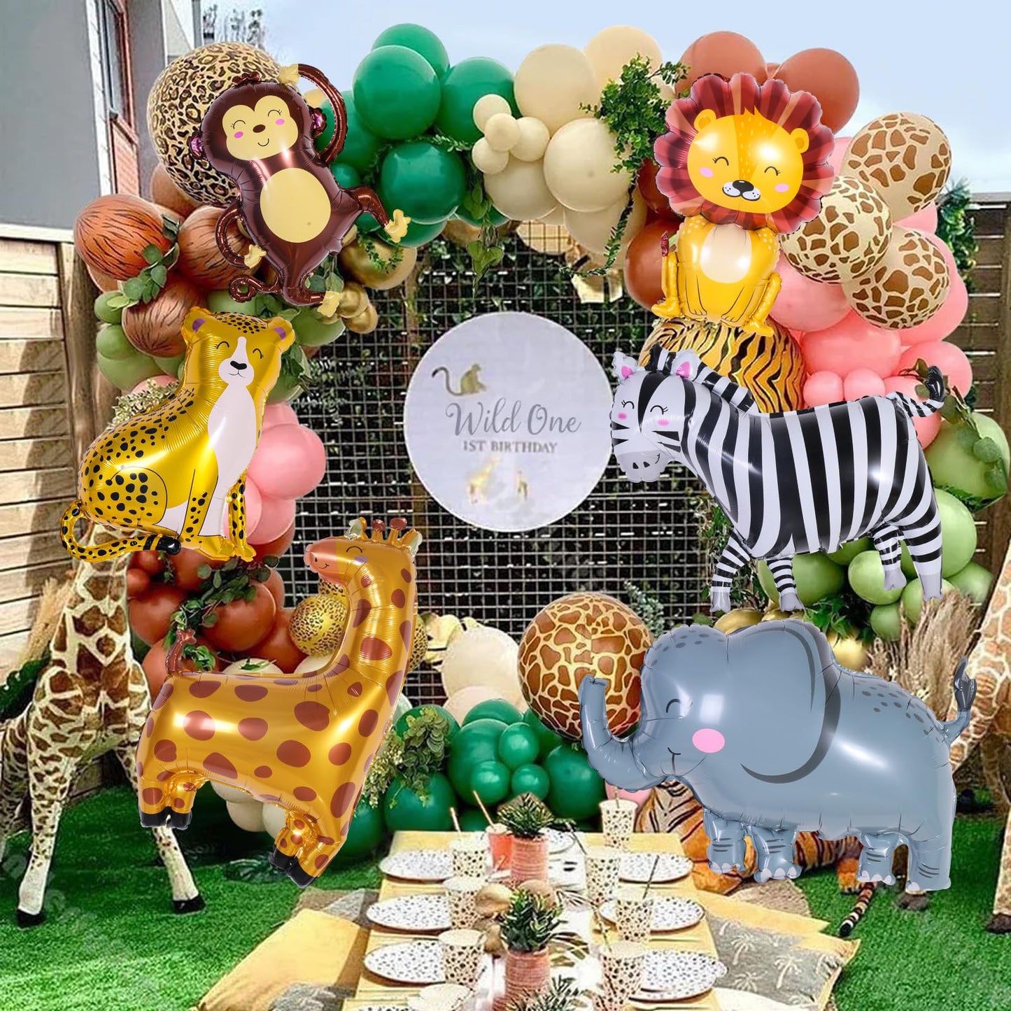 6 Pcs Giant Smile Jungle Safari Animals Balloons,Large Monkey Elephant Zebra Leopard Lion Giraffe Foil Balloons For Wild One Saf