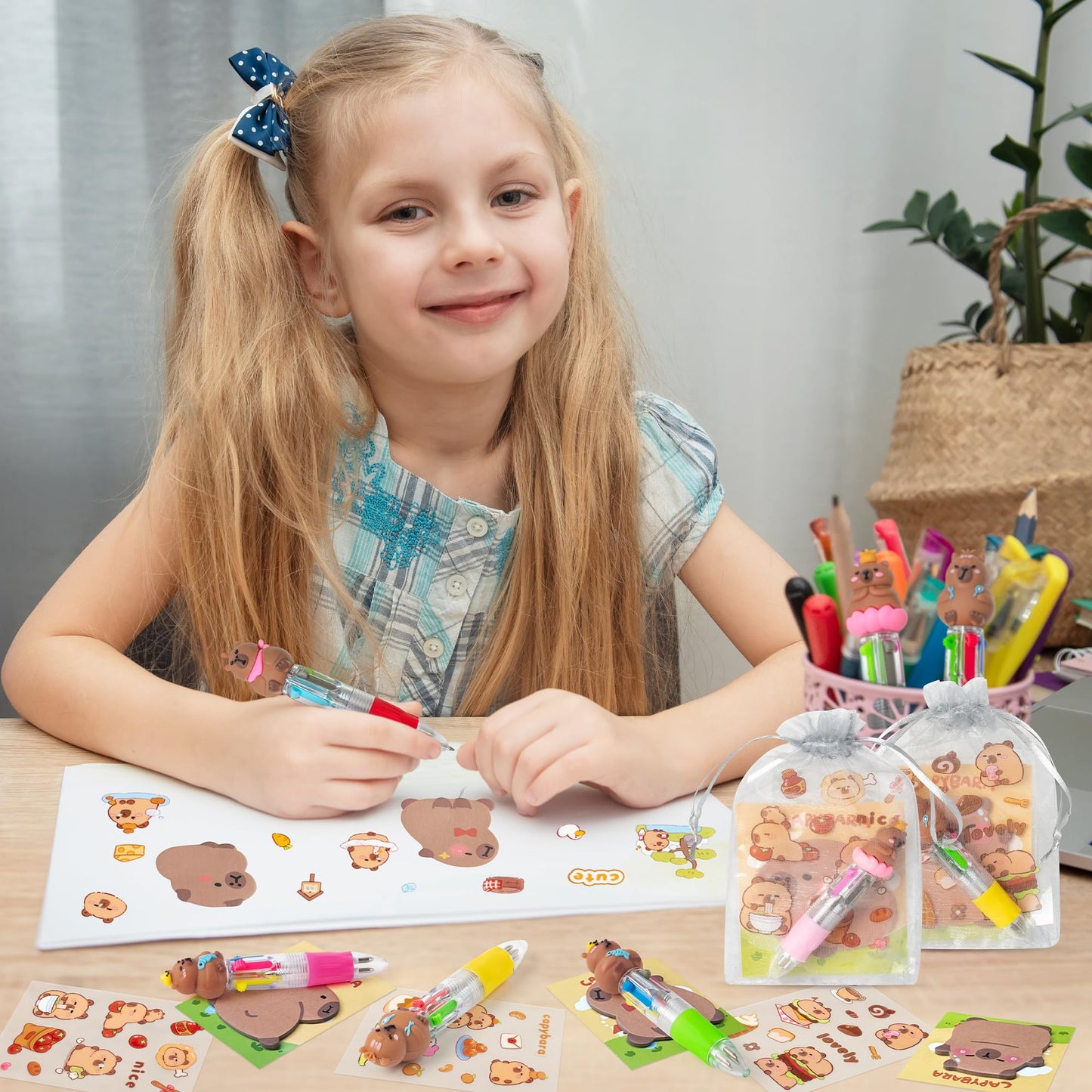 CY2SIDE Capybara Stationery Party Gift - 12 Pack Fun Animal Prizes Set Include 4-in-1 Ballpoint Pens Sticky Note Sticker and Org