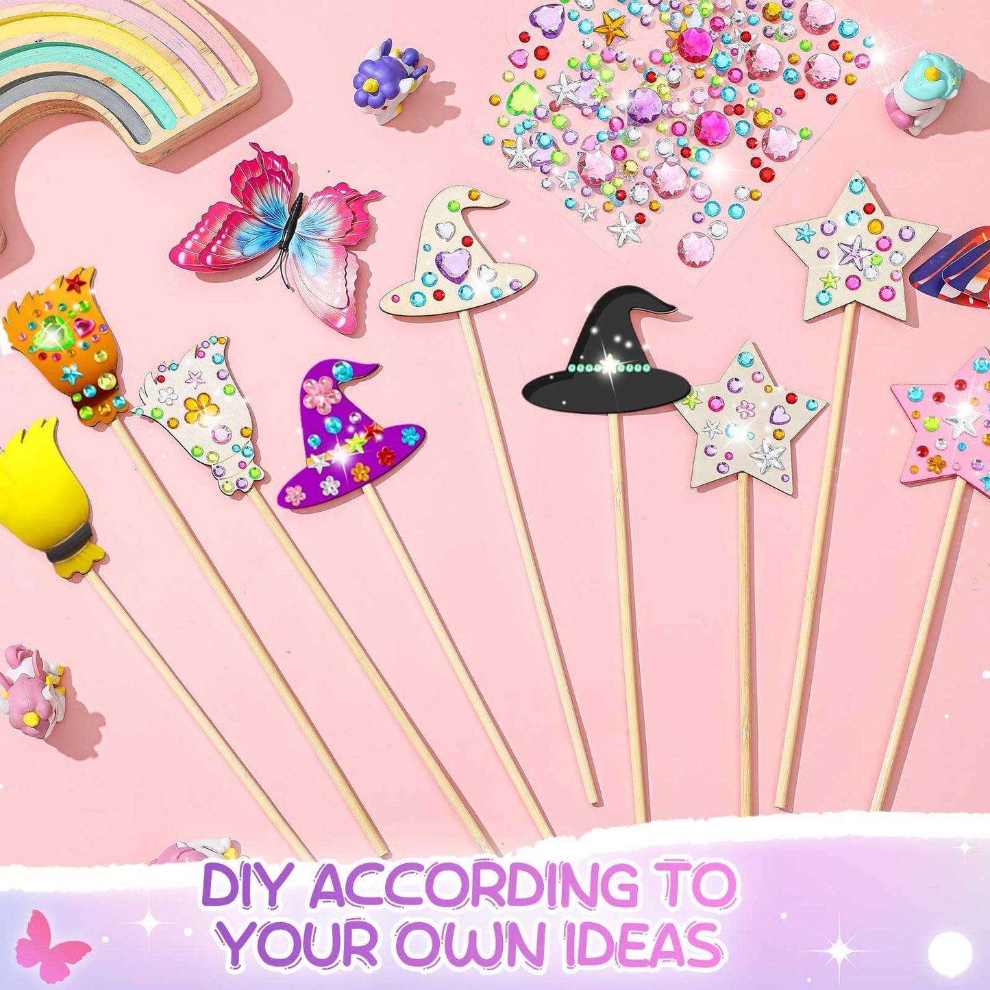 Juexica 24 Pcs Halloween Fairy Wands Kit Including 24 Unfinished Wood Pumpkin Wands and 6 Sheets Gem Stickers for Witch and Prin