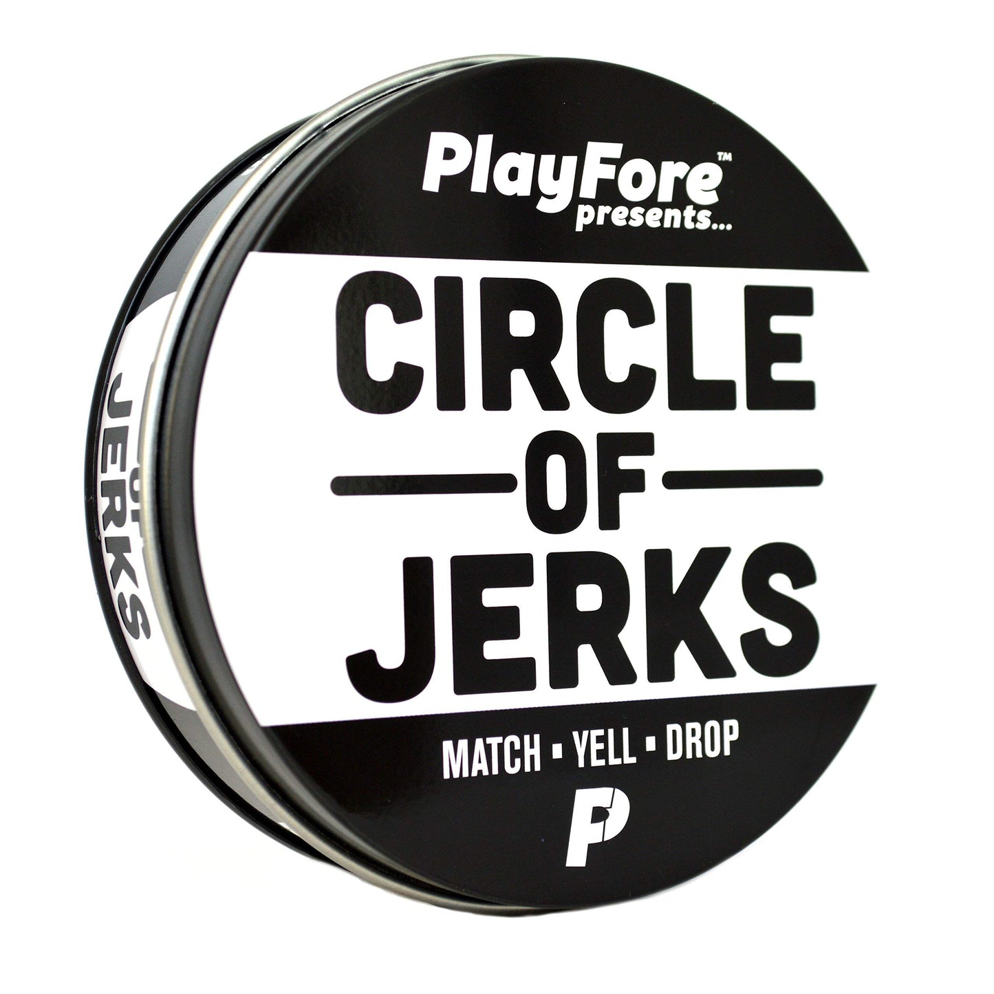 PlayFore Games Circle of Jerks Card Game - Fast-Paced, Funny, Easy to Learn, Tin Can, Black and White