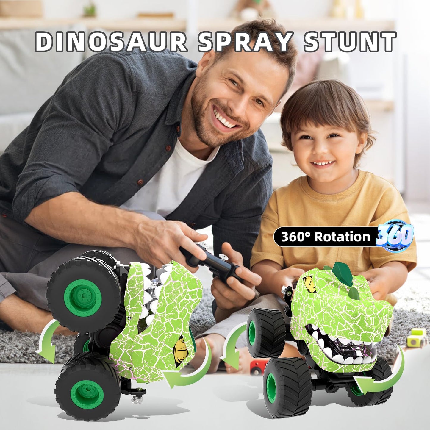 LEFEI Dinosaur Remote Control Car,RC Monster Trucks for Boys 3-12 Year Old,360 Rotating RC Stunt Car Truck Toys with Spray,Light