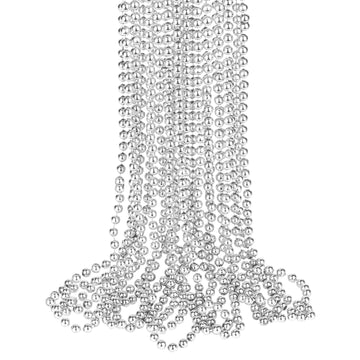 ZZYFGH 33'' 7mm Metallic Silver Bead Necklace Bulk, Mardi Gras Round Beaded Necklaces for Party Favors Costume Necklace (12 Pcs)