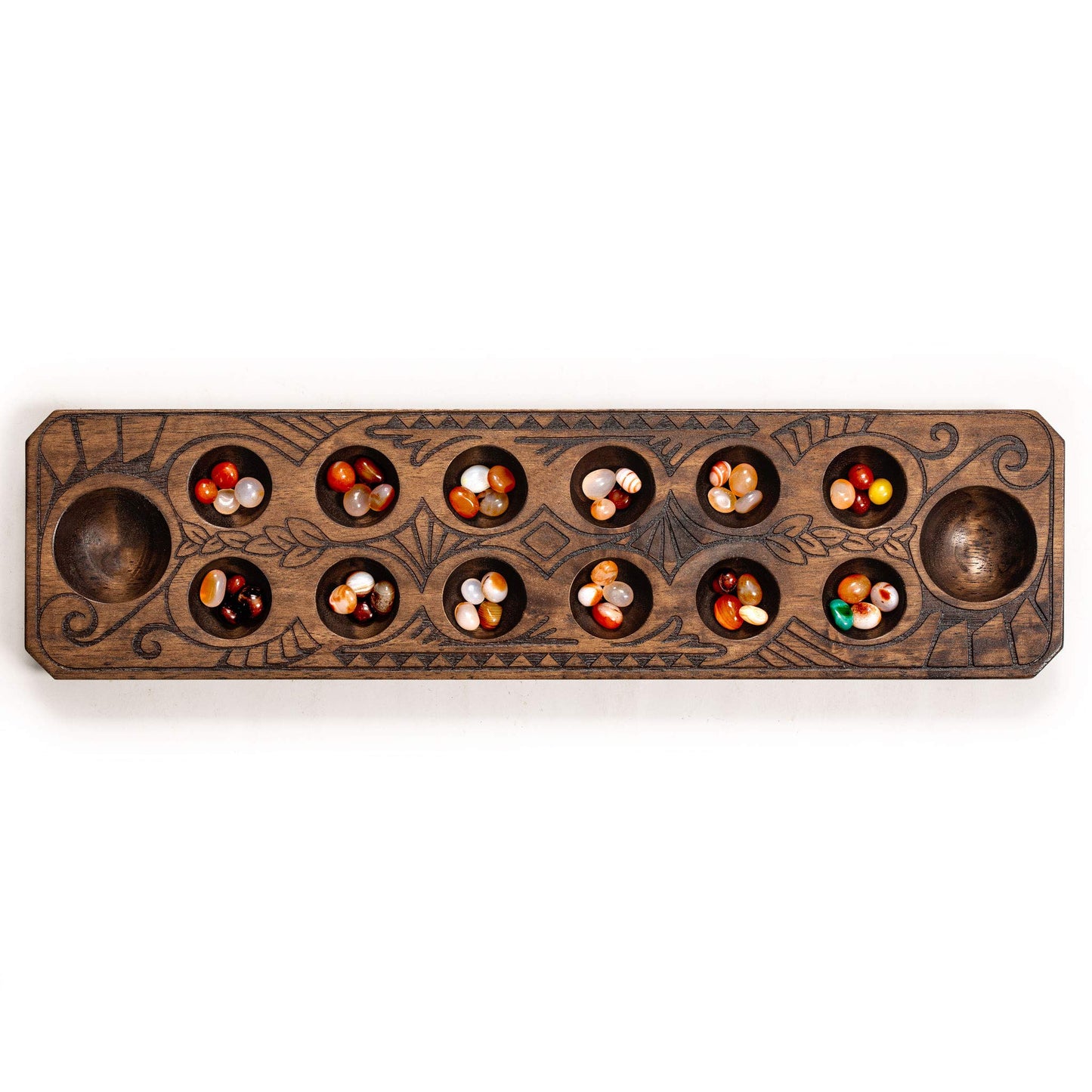 Yellow Mountain Imports Mancala Set - 17.3-Inch Solid Wood Board, Quartz Pebble Pieces, Large, Brown