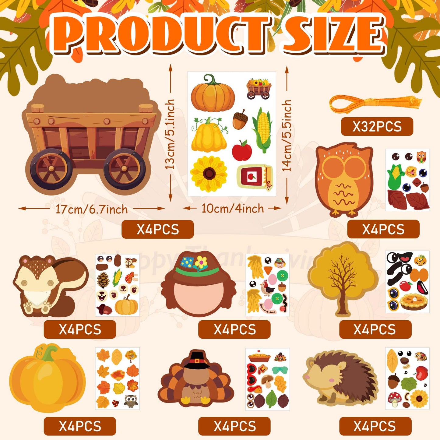 JUNEBRUSHS 32 Pcs Fall Crafts, Autumn Sticker Crafts Thanksgiving Turkey Scarecrow Sticker Fall DIY Hanging Ornaments Craft Harv
