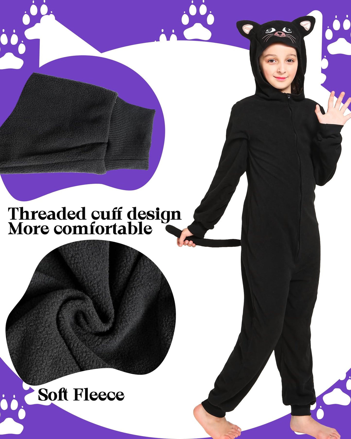 Wizland Black Cat Suit Costume, Halloween Animal Cosplay With Tail Ears For Boys Girls, Furry Gato Suit Disfraz For Kid Child And Toddler Girls Cat Costume 8-10