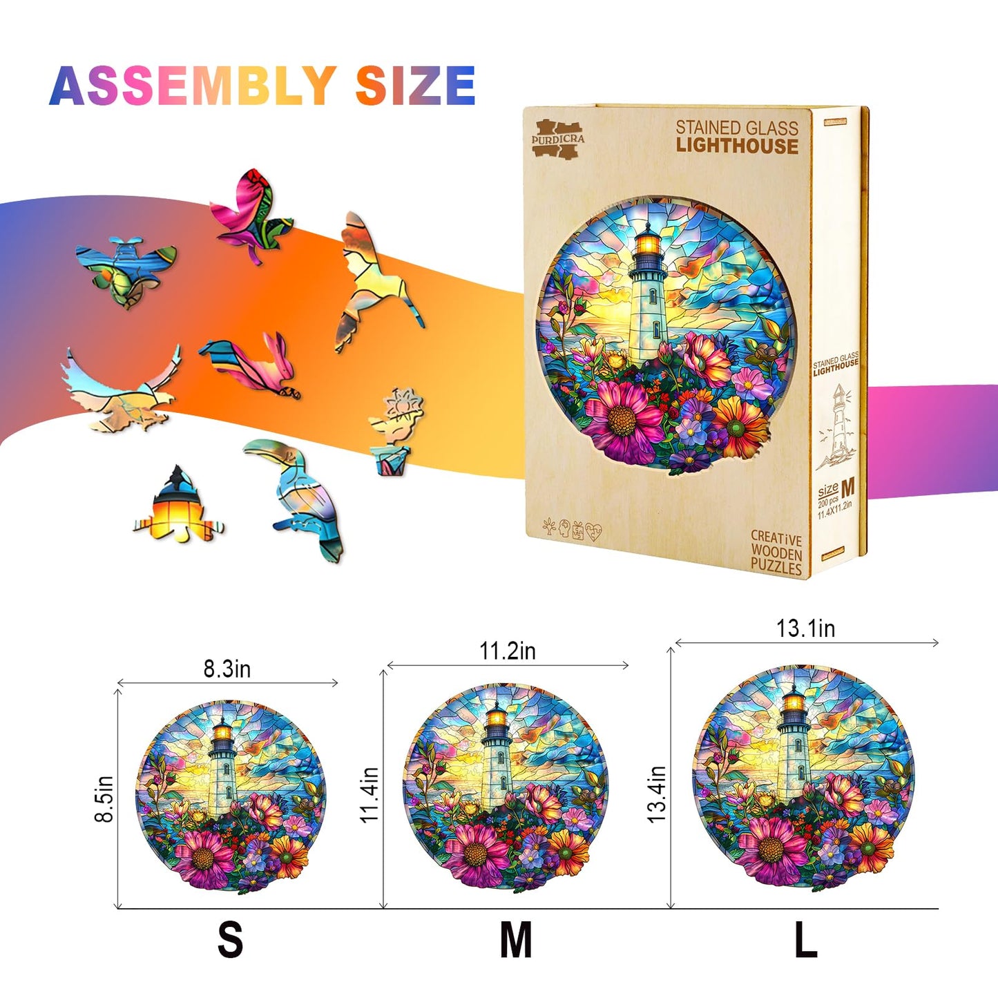 Wooden Puzzles for mature-themeds - Unique Shaped Wooden Jigsaw Puzzles mature-themed Puzzles  Christmas Creative Gifts for mature-themeds Kids  Stained Glass Lighthouse Wooden Puzzle 13.4 * 13.1in 300pcs