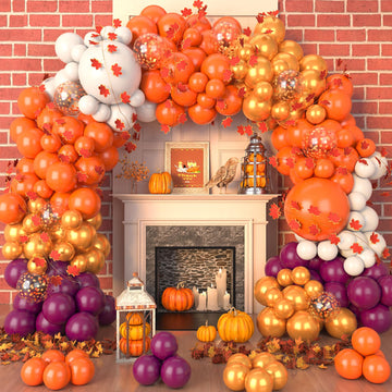 Fall Balloon Arch Kit, Orange Gold Burgundy Fall Balloon Garland Kit, Thanksgiving Balloons With 2Pcs 2-Meter-Long Maple Leaves,