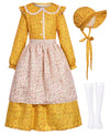 Pioneer Girl Costume Colonial Dress Kids Prairie Floral Village Girl Costumes Yellow Pilgrim Maid Farmer Outfit With Bonnet Apro