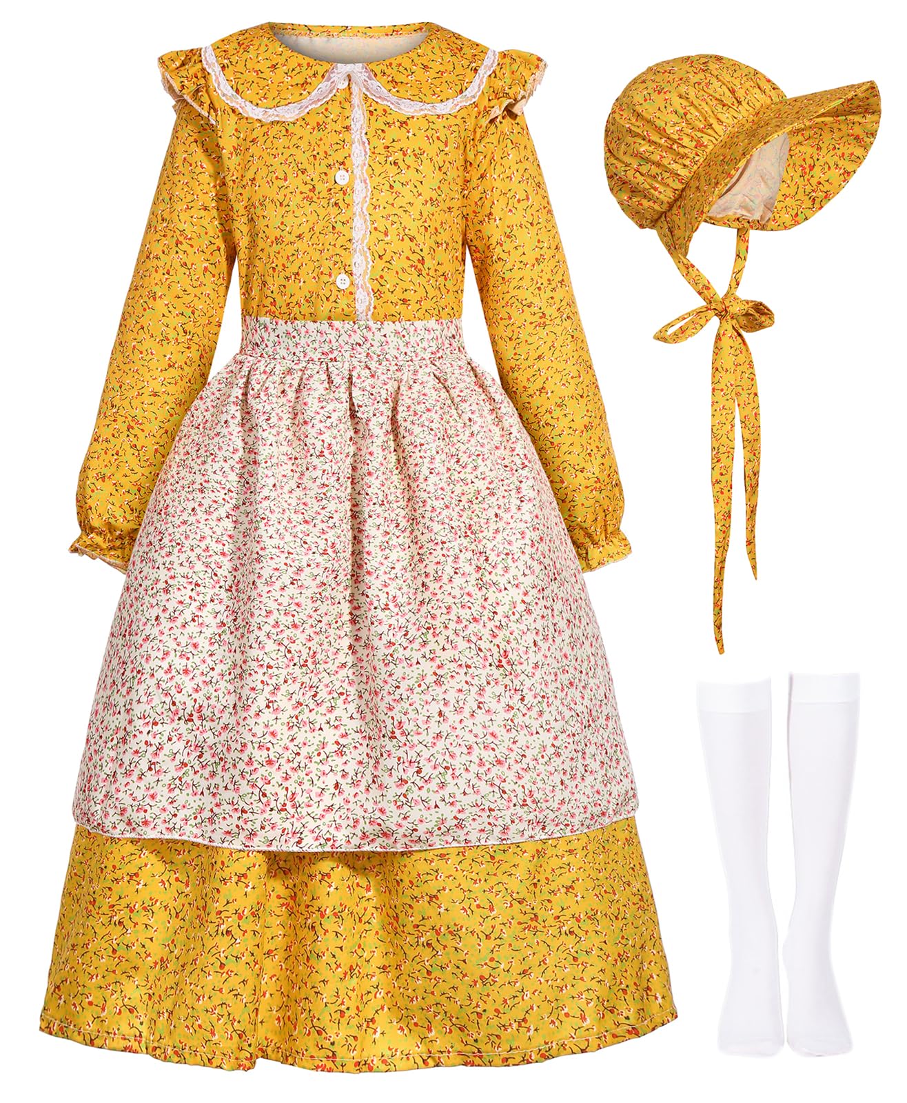 Pioneer Girl Costume Colonial Dress Kids Prairie Floral Village Girl Costumes Yellow Pilgrim Maid Farmer Outfit With Bonnet Apro