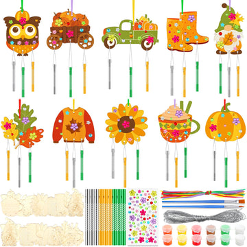 JellyArch 30 Pack Thanksgiving Day Fall Wind Chime Making Kit for Kids Make Your Own Wind Chime Harvest Maple Leaf Wooden Orname