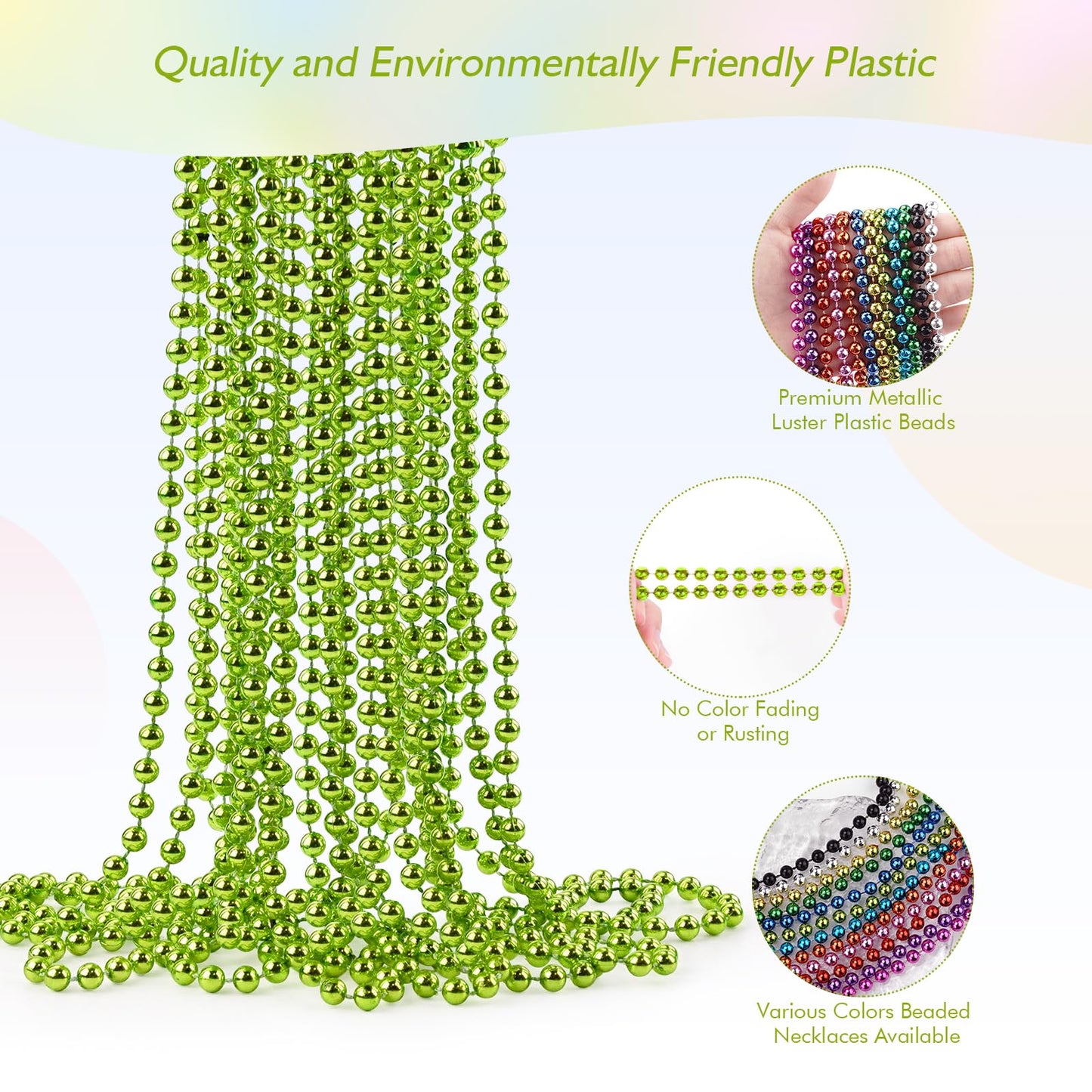 Zzyfgh 33'' 7Mm Metallic Light Green Bead Necklace Bulk, Mardi Gras Round Beaded Necklaces For Party Favors Costume Necklace (12
