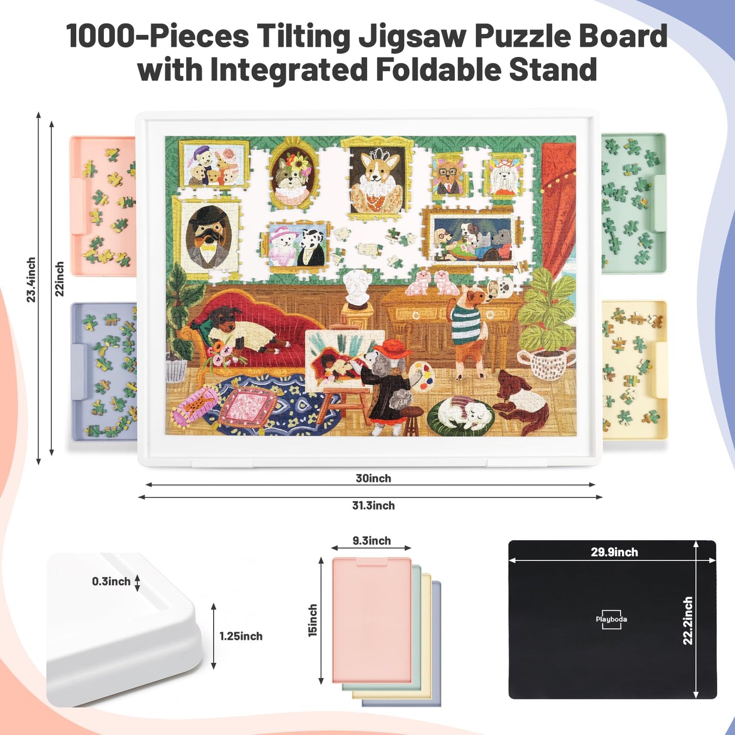 Playboda 1000-Piece Tilting Puzzle Board with 4 Drawers, Adjustable Stand, Protective Mat, Multi-color