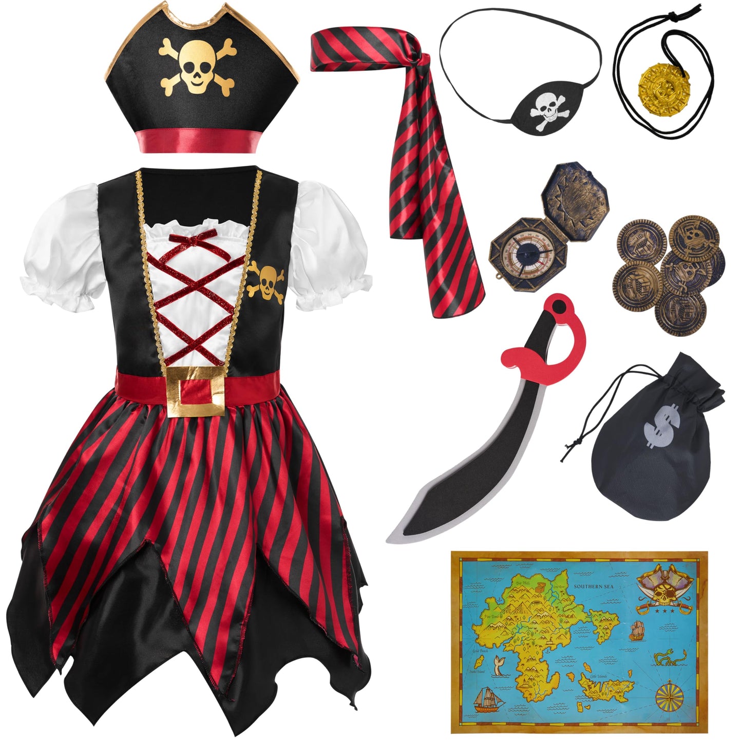 Spooktacular Creations Halloween Kids Pirate Costume  Black Pirate Dress for Girls  Buccaneer Princess Outfit for Girls Halloween Dress Up  RolePlay Themed Party (Large  10-12 yrs)