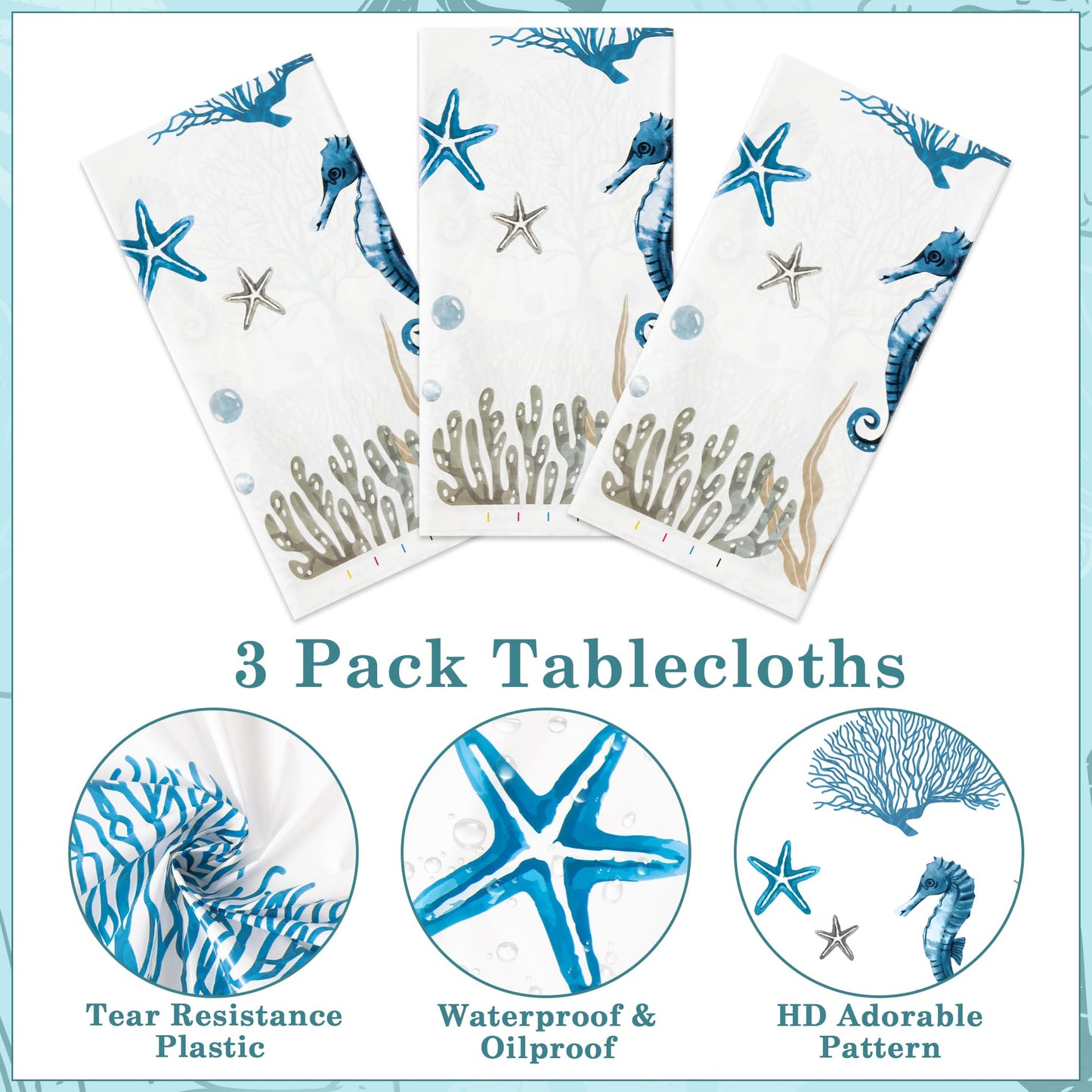 G1ngtar 3Pcs Ocean Seashell Party Tablecloths - Coastal Beach Summer Disposable Plastic Waterproof Rectangular Table Covers Star