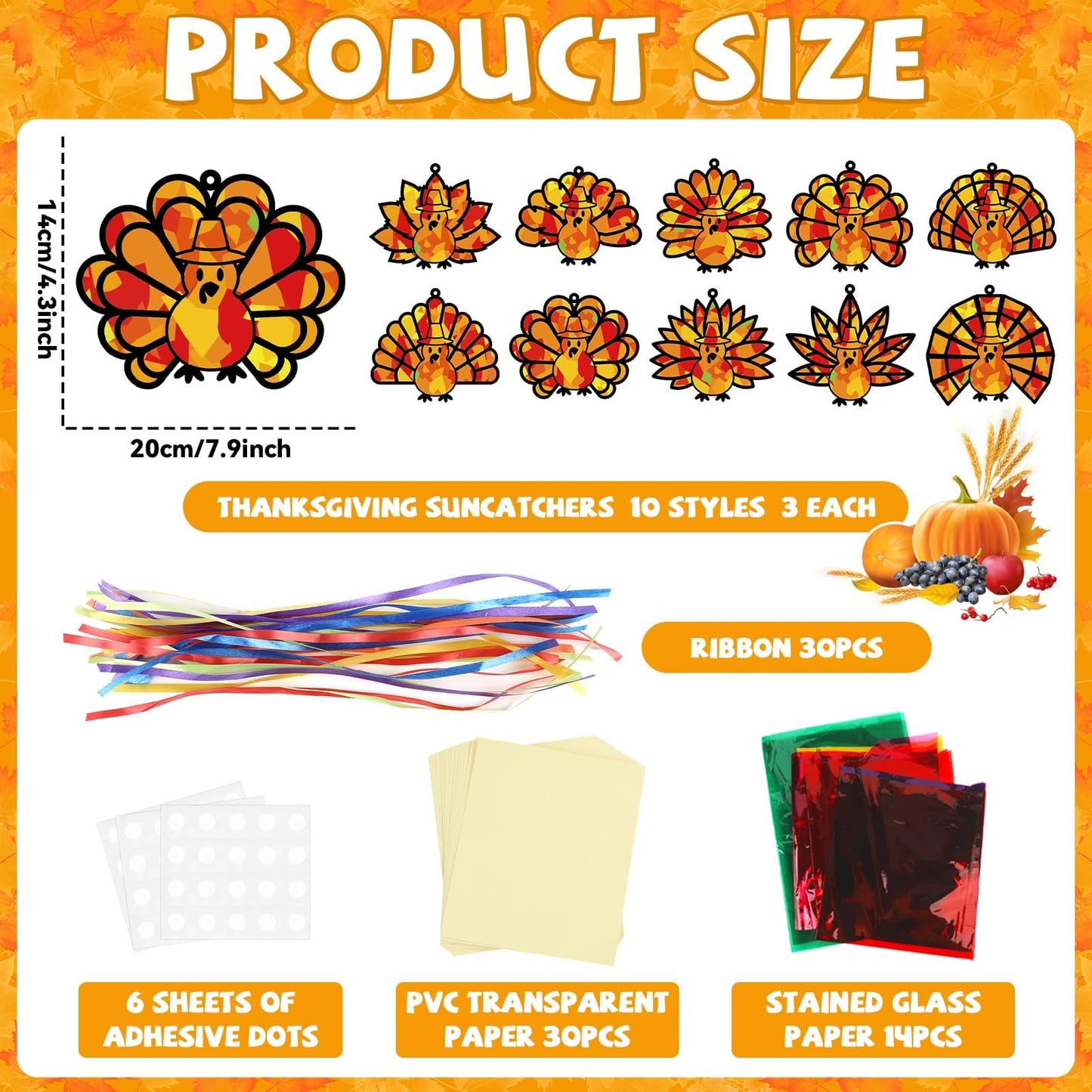 30 Sets Fall Thanksgiving Suncatchers Craft Kit DIY Turkey Window Stained Glass Effect Paper Thankful Autumn Home School Classro