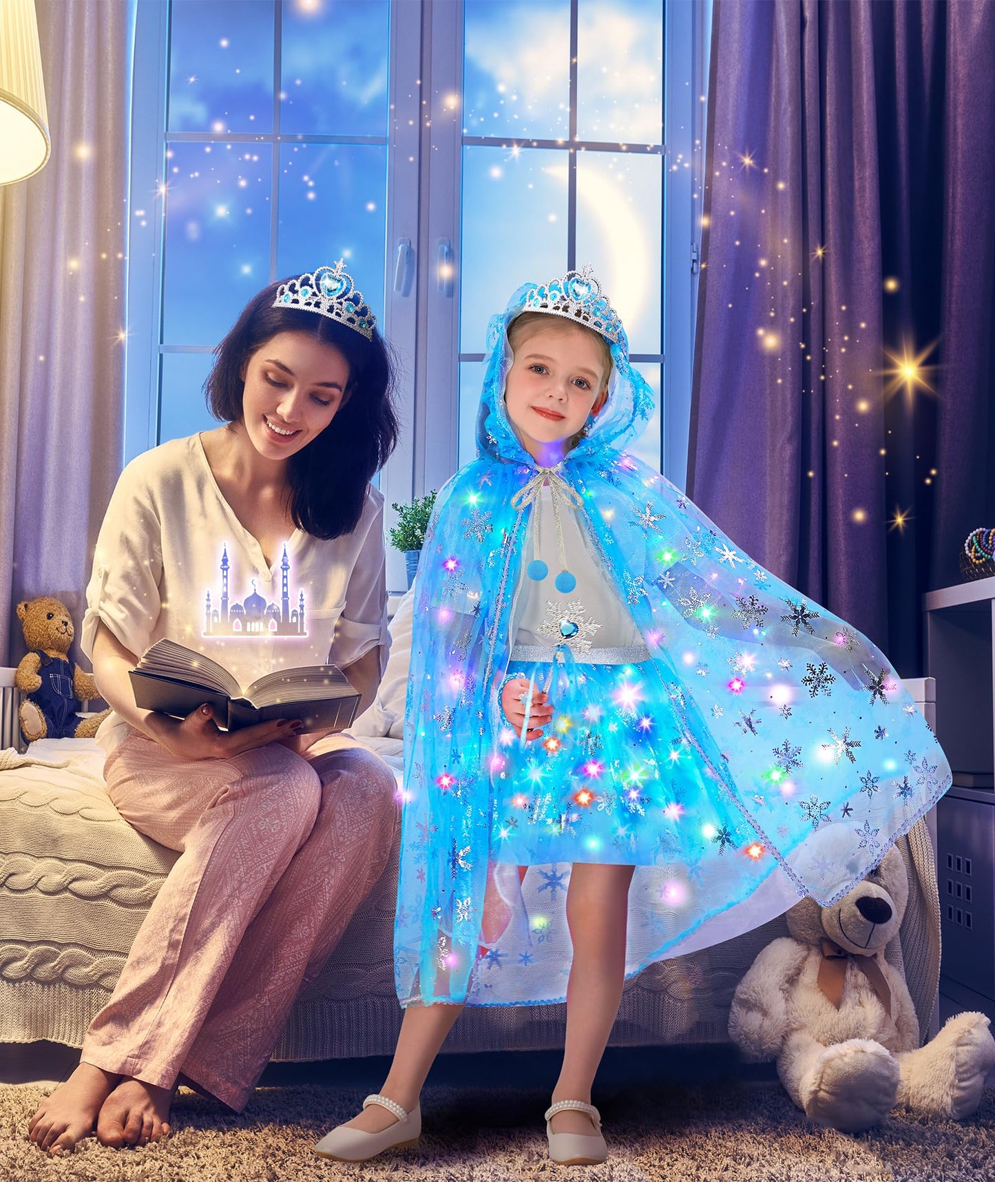 Dolnow Princess Dress Up For Girls, Light Up Princess Cape Princess Dress Costume Crown Wand Gifts For Toddler Girls 3 4 5 6