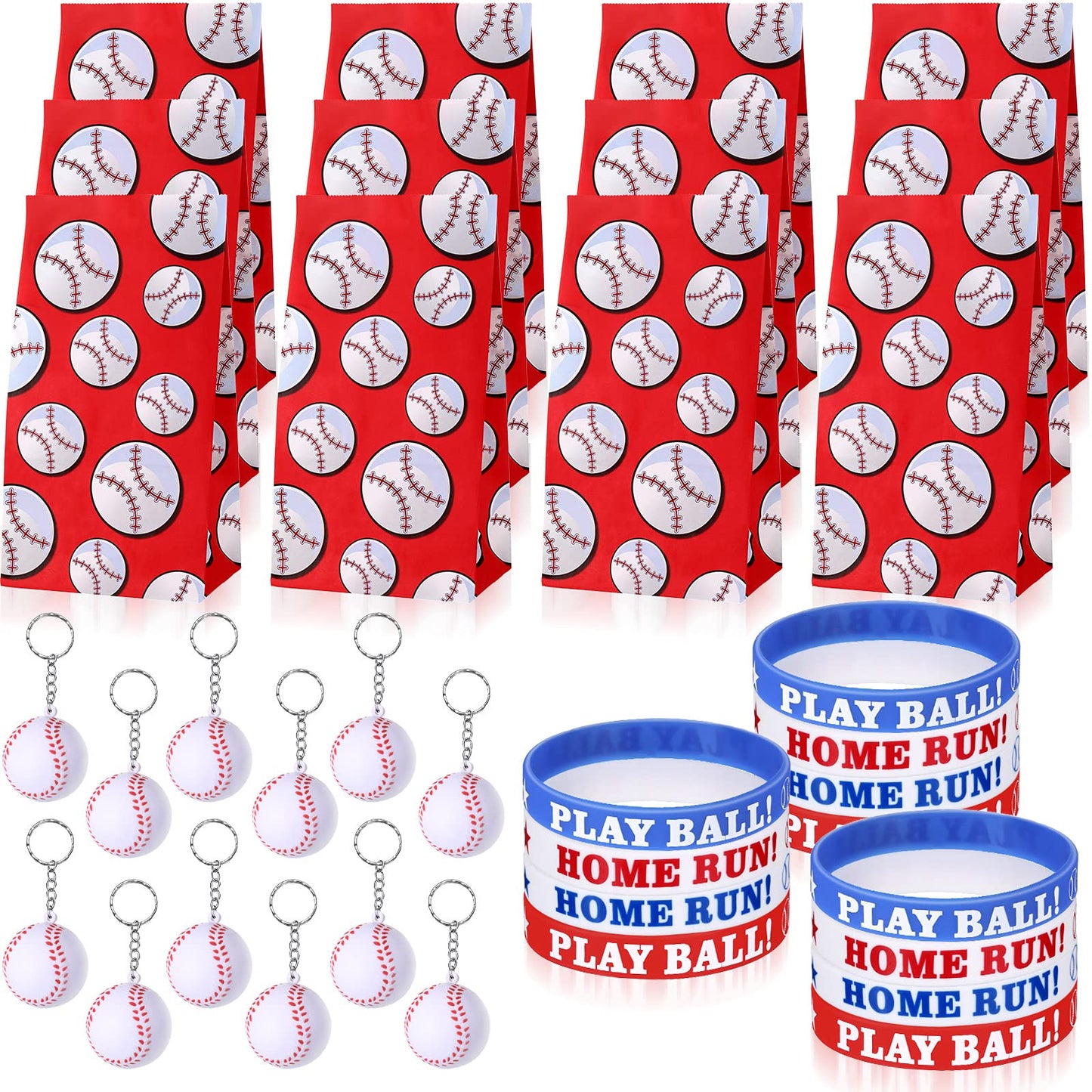 Yaomiao 36 Pieces Baseball Party Favors Set, Include 12 Baseball Treat Bags 12 Mini Baseball Keychains 12 Silicone Baseball Brac