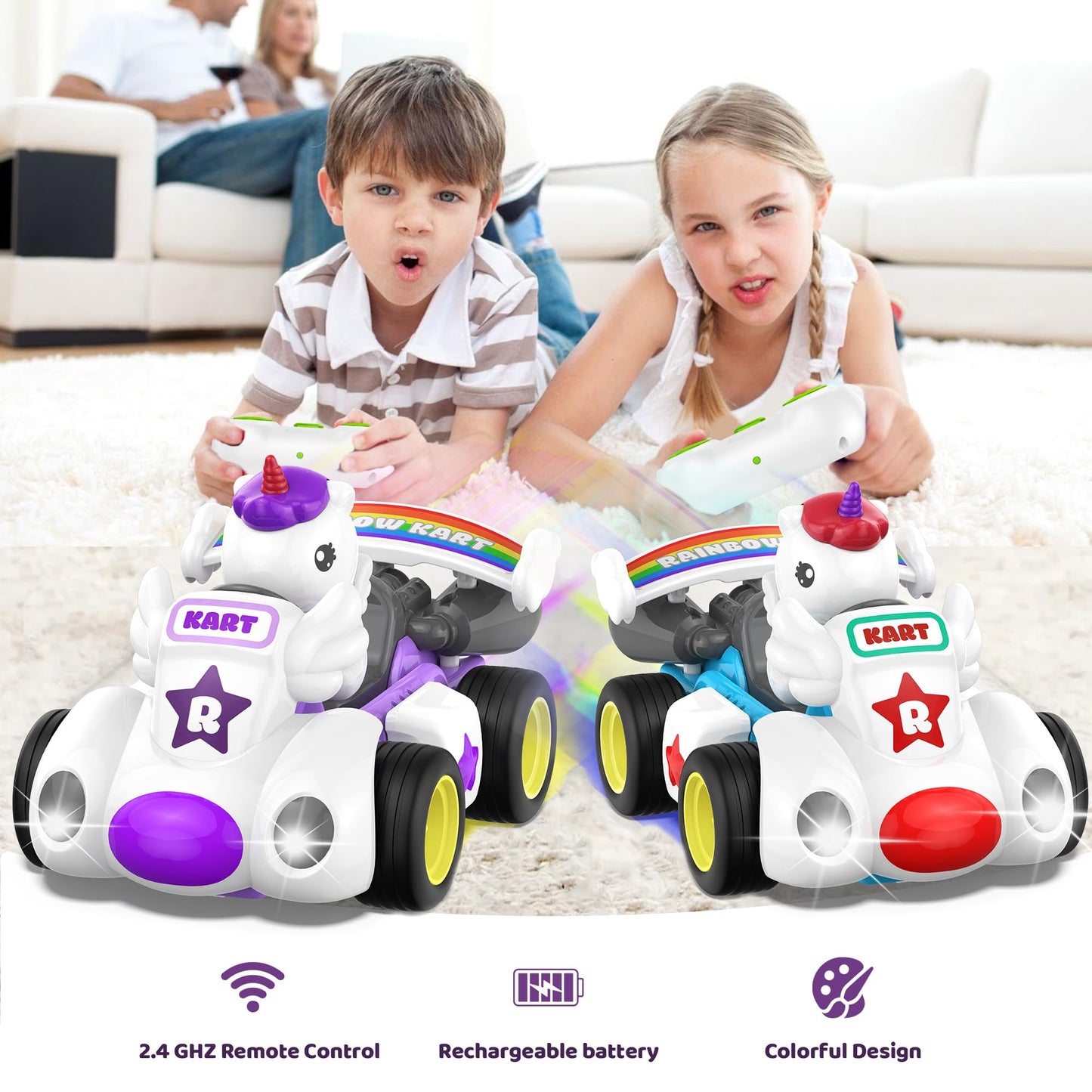 imagifun Remote Control Car for Toddler, 2 Pack Radio Control Cartoon Toys for Kids, 2.4 GHz Rechargeable RC Cars for Toddler,To