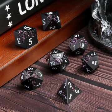 Glitter Purple Metal D&D Dice, DNDND 7 PCS Flower Metallic DND Dice Set with Grogeous Gift Case for Dungeons and Dragon Tabletop