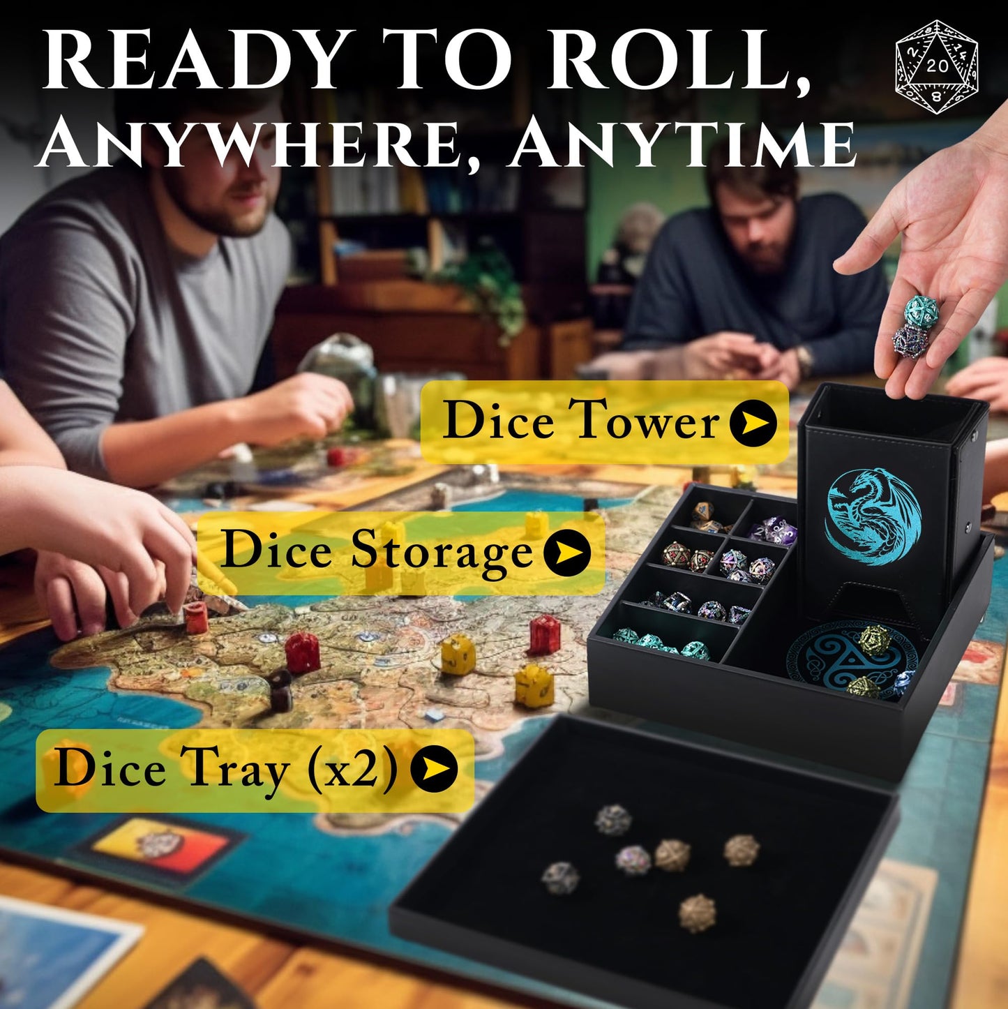 Soar Forge DND Dice Tray & Tower - Large Faux Leather Storage, Blue Dragon, Model SOARDR01