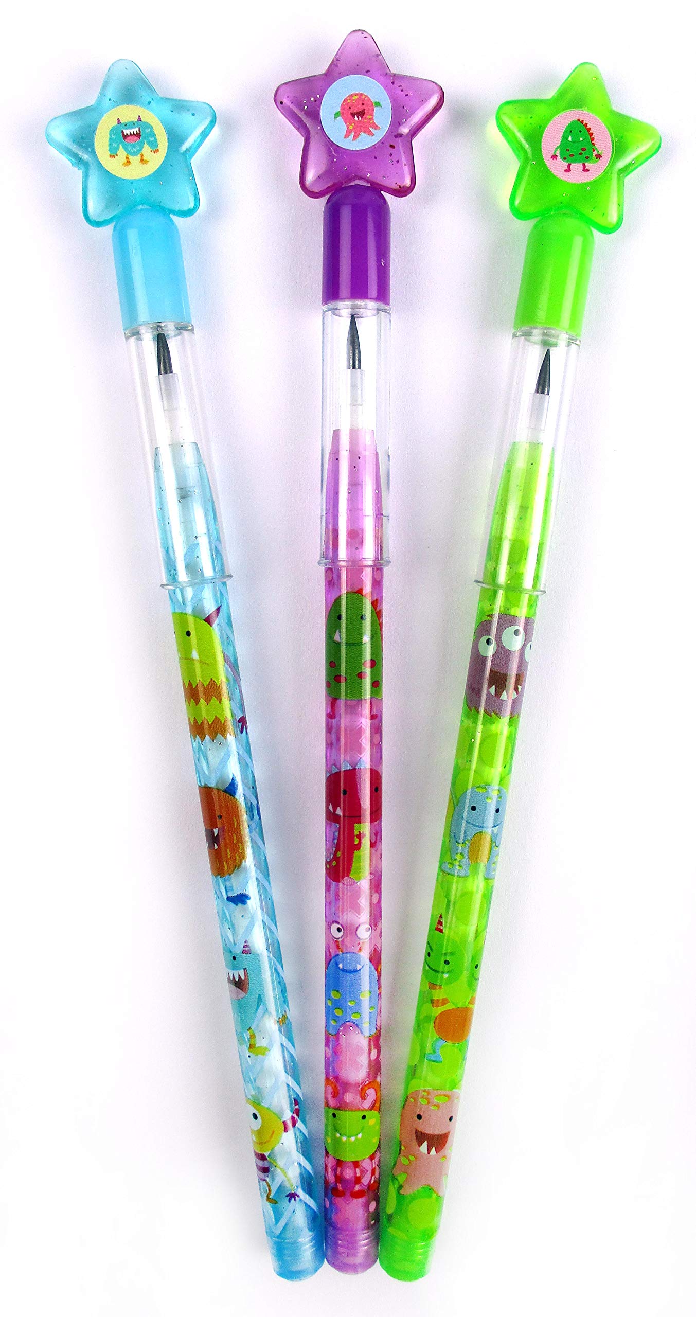TINYMILLS 24 Pcs Monsters Multi Point Pencils Stackable Pencil with Eraser for Halloween Monster Party Favor Prize Carnival Good