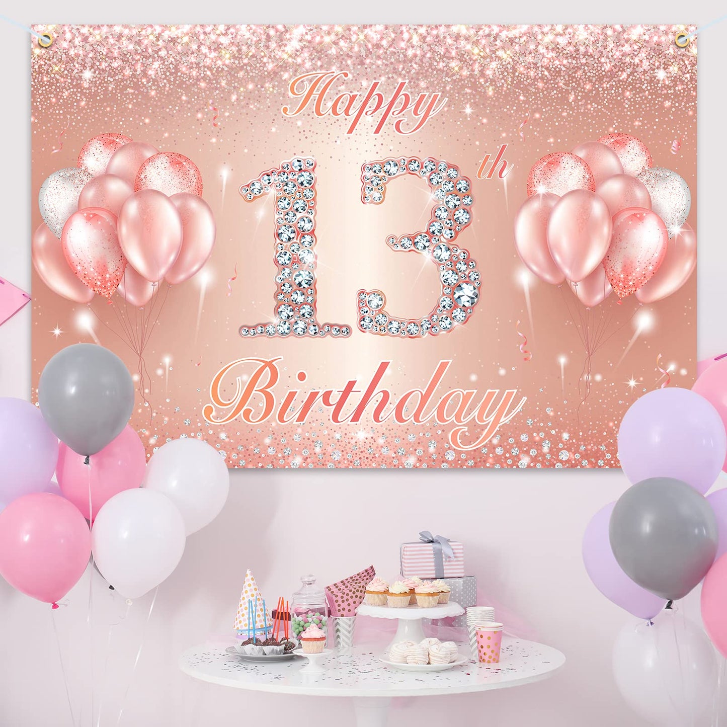 Happy 13Th Birthday Banner Backdrop - 13 Birthday Party Decorations Supplies For Girls Or Boys - Rose Gold 4 X 9Ft