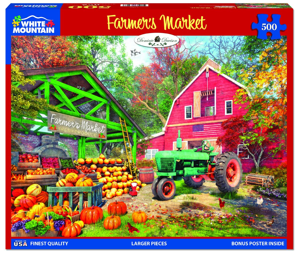 White Mountain - Farmers Market, 500 Piece Jigsaw Puzzle, Farm Puzzle, Big Red Barn, Pumpkins