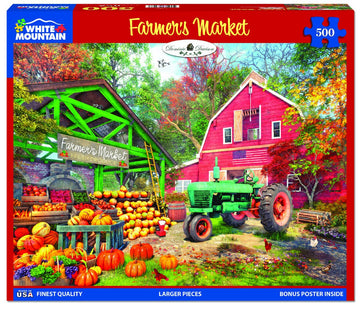 White Mountain - Farmers Market, 500 Piece Jigsaw Puzzle, Farm Puzzle, Big Red Barn, Pumpkins