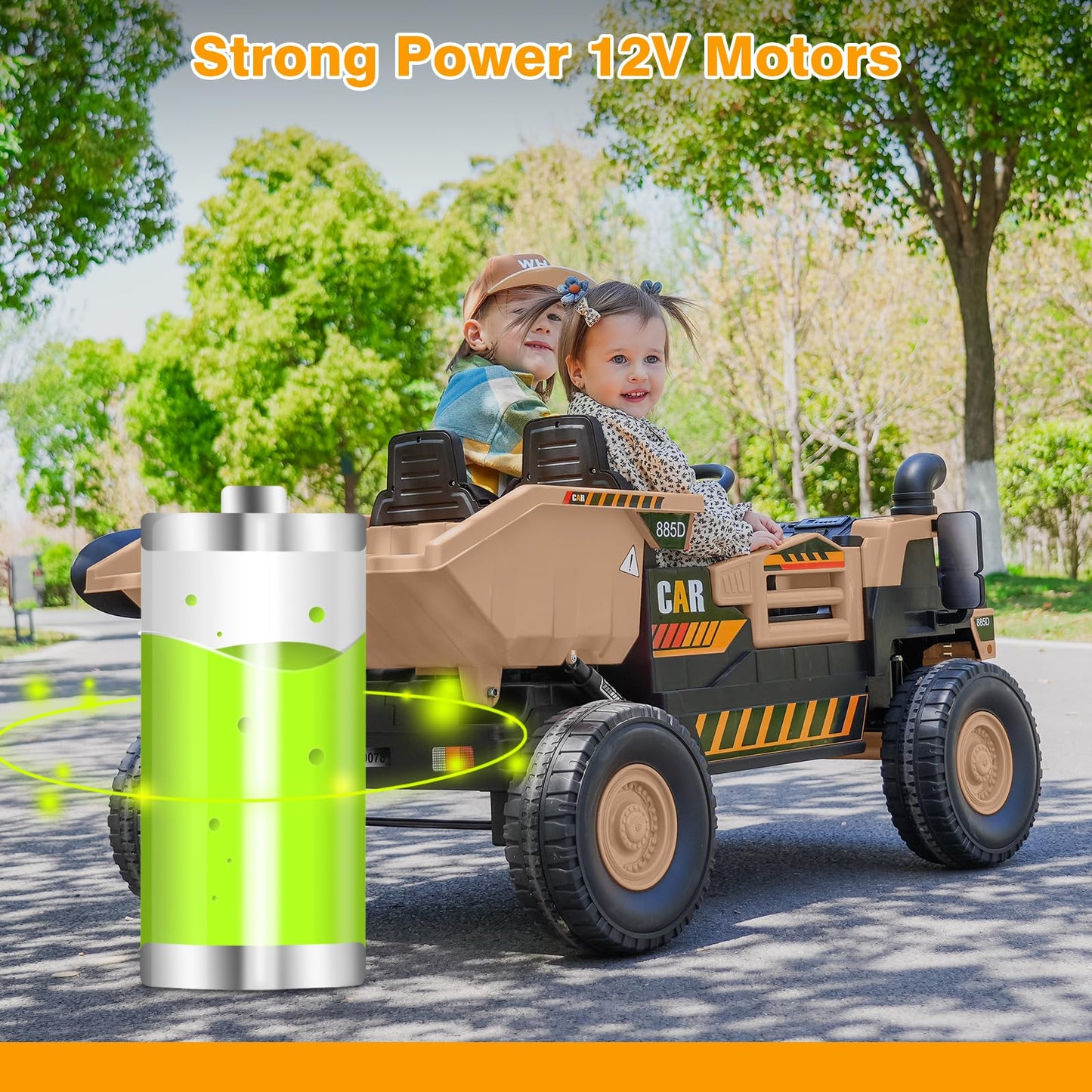 12V Kids Ride On Truck 2-Seater, Electric Ride On Toy Car Construction Vehicle Truck For Boys, Remote Control, Key Start, Shovel