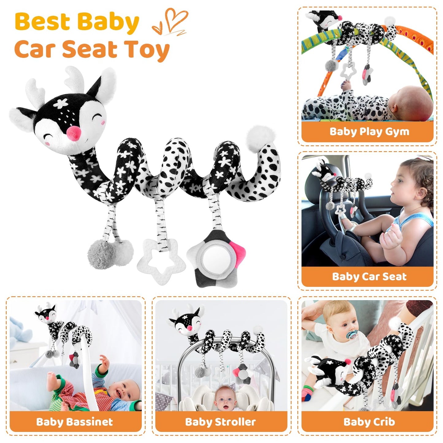 Car Seat Toys For Babies 0-6 Months Boy&Girl, Carseat Toys Hanging Black And White High Contrast Toy For Baby 0-3 Months, Spiral