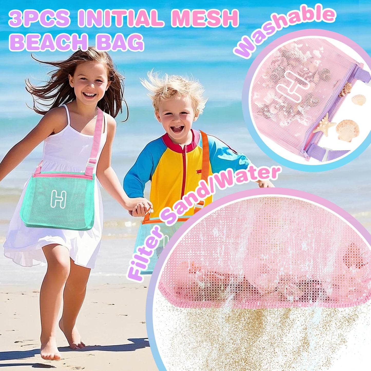3Pcs Personalized Kids Beach Shell Bag, Initial Seashell Mesh Zipper Beach Pouch, Shell Collecting Bag for Holding Shells with A