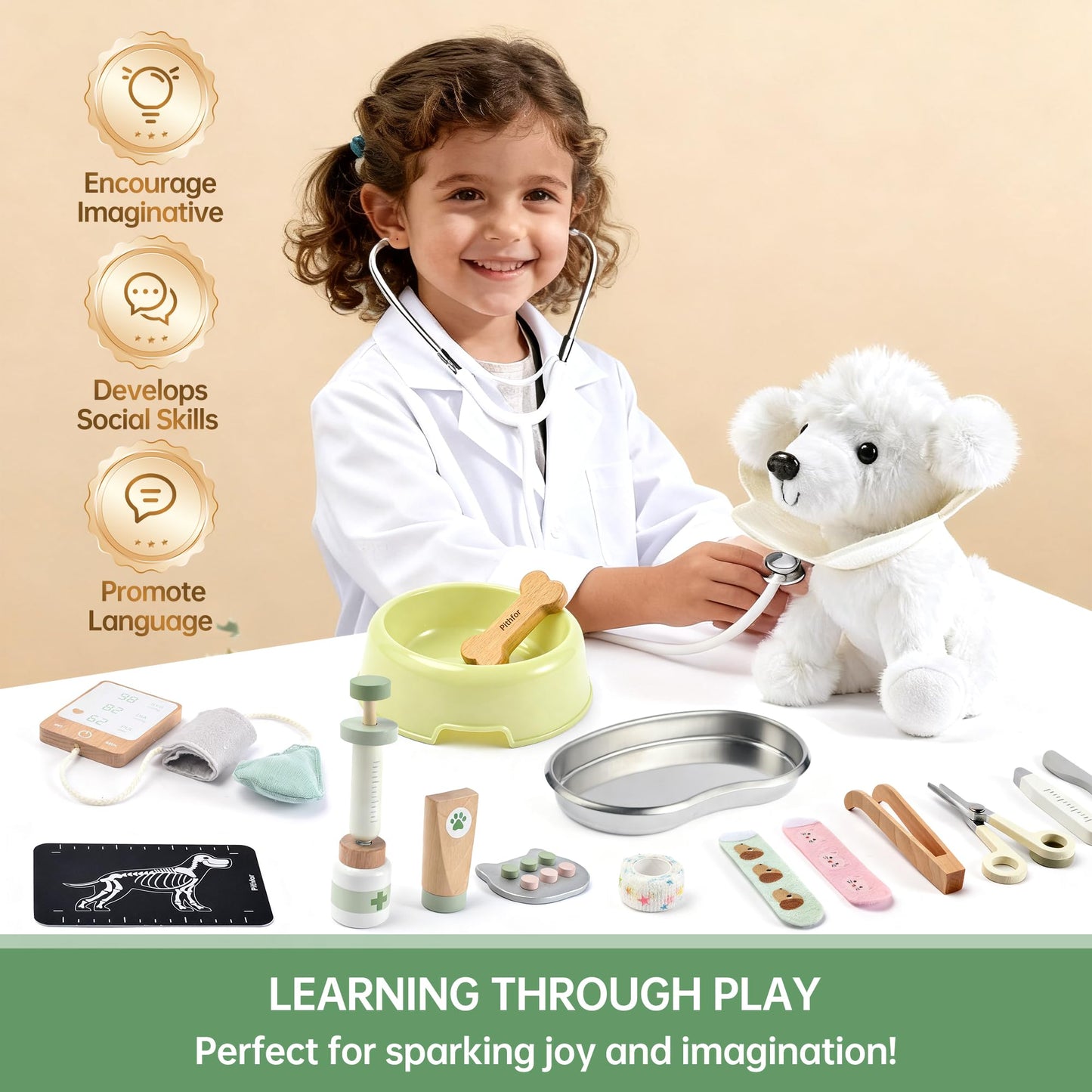 Pithfor Wooden Doctor Kit for Kids - Child-Size Vet Play Set, Pretend Play Veterinarian Toys, Ideal Gift for Boys & Girls 3-6 Years