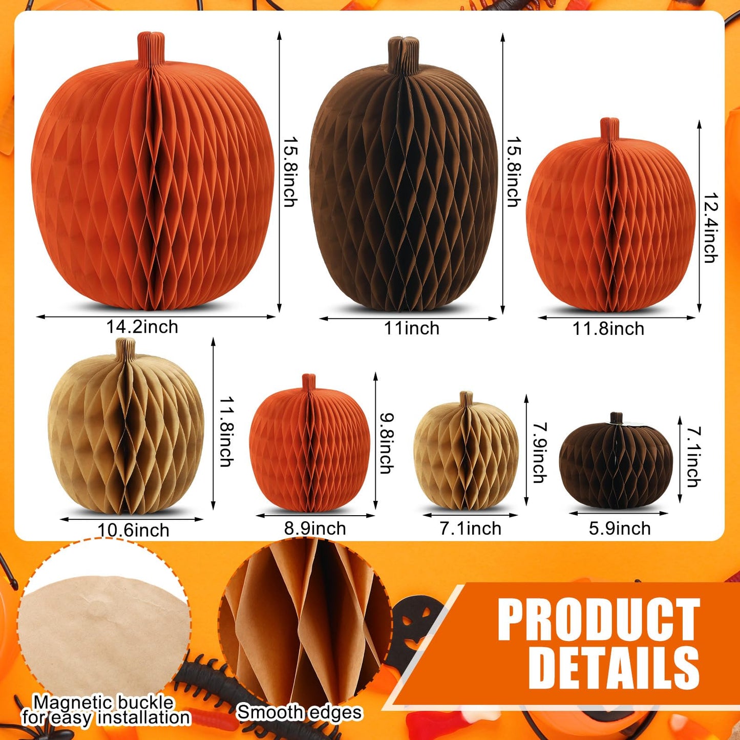 Weekgrat 7 Pcs Extra Large Pumpkin Honeycomb Centerpiece Fall Thanksgiving 3D Thick Paper Honeycomb Pumpkin Reusable Paper Decor