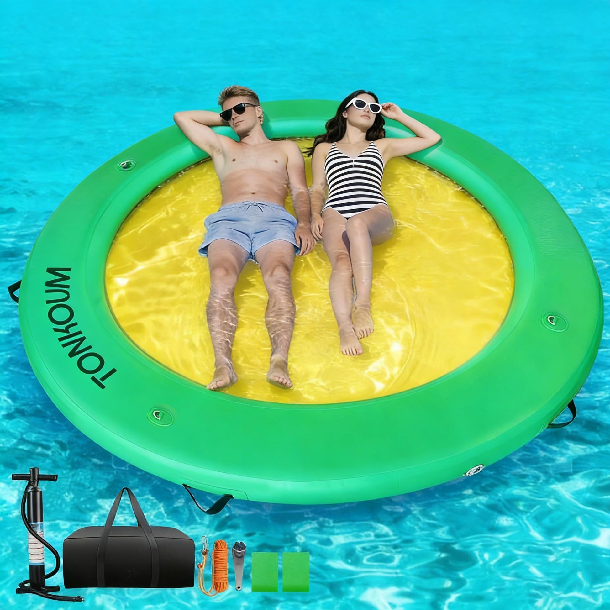 TONKOUM Water Hammock Inflatable Dock, 8ft Floating Raft Circular Water Island, Float Rings Air Mesh Platform for Lake/River/Swi