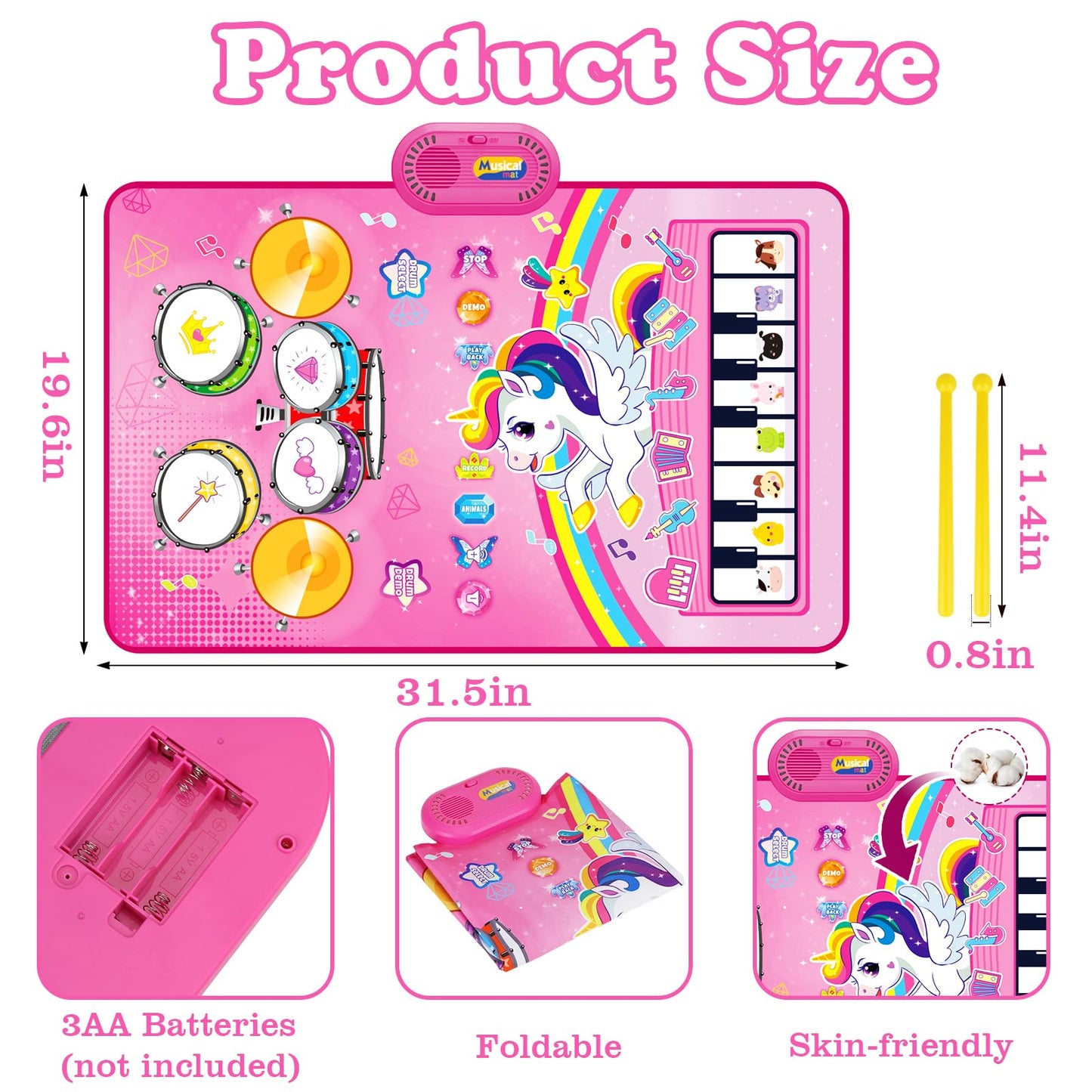 Toys For 1 Year Old Girl Gifts: Baby Musical Mat Toddler Toys Age 1-2 - 3 In 1 Piano Drum Animal Touch Unicorn Toys - Infant Music Toy 12-18 Months Babies Birthday Gifts For 1 2 3 Year Old Boys Girls