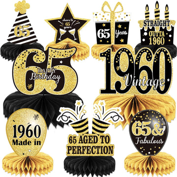 Tevxj 9PCS 65th Birthday Decorations - Vintage 1960 Honeycomb Centerpieces for Tables, Perfect for Men and Women Celebrating 65 Years