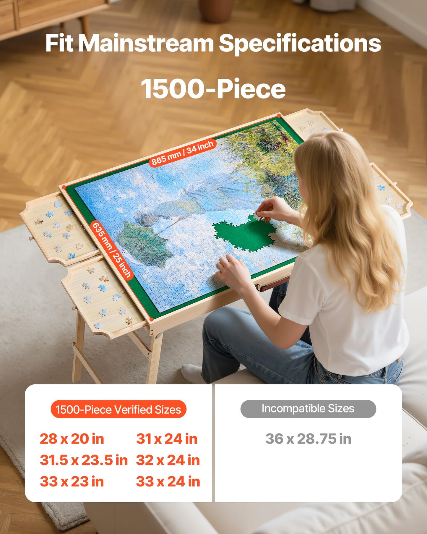 VEVOR 1500-Piece Puzzle Table with 4 Drawers  Adjustable 6-Angle Tilt  34x25in Felt Surface Board at 26in Height  Folding Legs & Cover  mature-themed Jigsaw Accessories  Gift for Mom