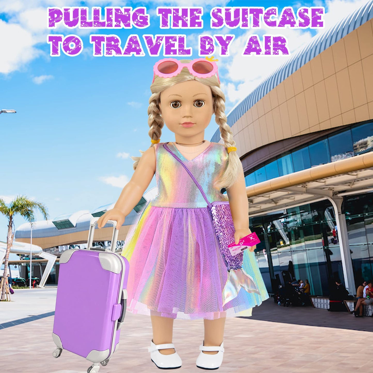 Mermaid 18 Inch Doll Clothes And Doll Accessories Case Luggage Travel Play Set Include Suitcase, Dresses, Bag, Camera, Glasses, Pillow, Eyeshade Etc (No Doll)