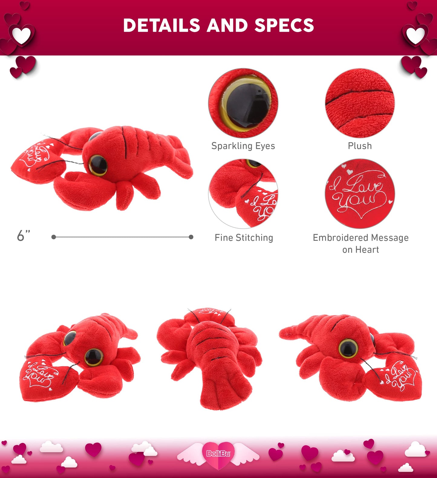 Dollibu I Love You Valentine Plush Big Eye Red Lobster - Cute Stuffed Animal With Red Heart And Name Personalization Gift For Valentines Day, Birthday, Anniversary, Romantic Date - 6 Inches