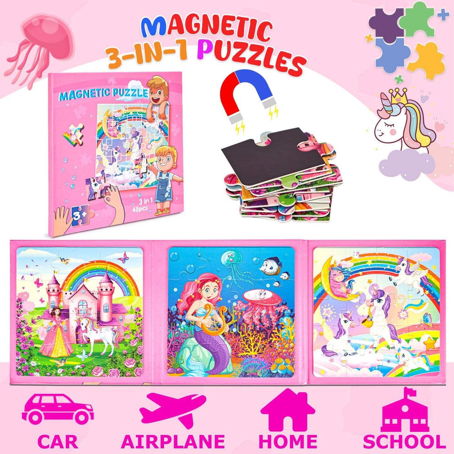 Lovestown Magnetic Puzzles For Toddlers, 48Pcs Fairytale Travel Puzzle Book, 3 In 1 Educational Learning Magnets For Kids, Ideal Road Trip Activities Toys For Boys And Girls
