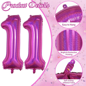 Giant Number 11 Balloon, 40'' Laser Hot Pink Foil Balloon For 11 Year Old Birthday Decor, Mylar Helium Self Inflating Bright Pin
