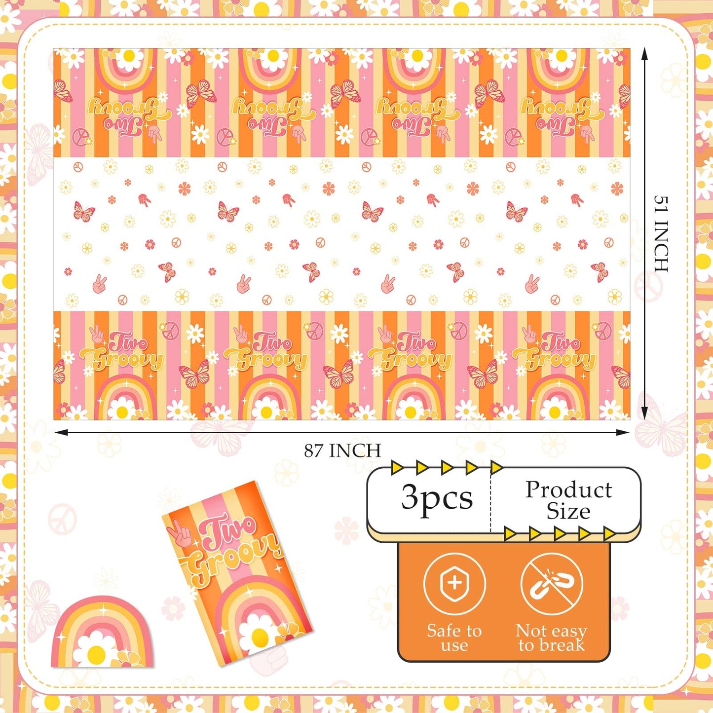 Jecery 3 Pcs Rainbow Plastic Two Groovy Tablecloths Retro Hippie Boho Party Table Covers Disposable Daisy Flower Groovy Party De