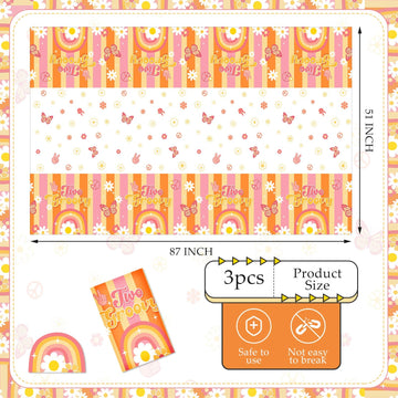 Jecery 3 Pcs Rainbow Plastic Two Groovy Tablecloths Retro Hippie Boho Party Table Covers Disposable Daisy Flower Groovy Party De